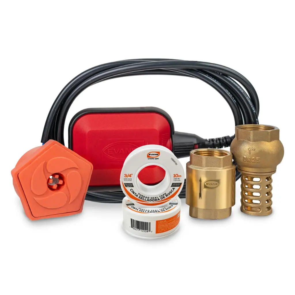 [EVA-KIT-INST-SUP-01] KIT DE INSTALACION PARA BOMBAS DE SUPERFICIE 1X1 (FLOTADOR, VALVULA CHECK, VALVULA NTP, CINTA SELLA ROSCAS)