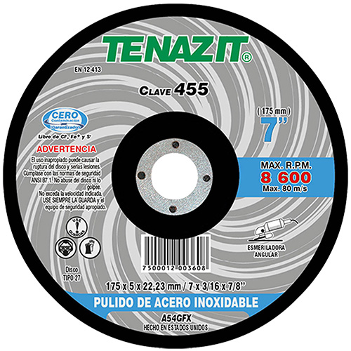 DISCO P/PULIDO ACERO INOXIDABLE 7 X 1/4 X 7/8 TENAZIT ACABADO FINO