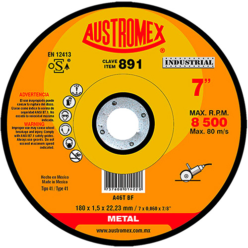 [AUS-891] DISCO P/CORTE METAL SUPERDELGADO 7 X 1/16 X 7/8 AC. AL CARBON INDUSTRIAL MAX. RE