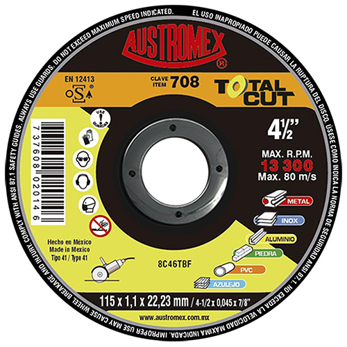 [AUS-708] DISCO P/CORTE TOTAL DE METAL/INOX./ALUMINIO/PIEDRA/PVC DE 4 1/2 X 0.045 X 7/8