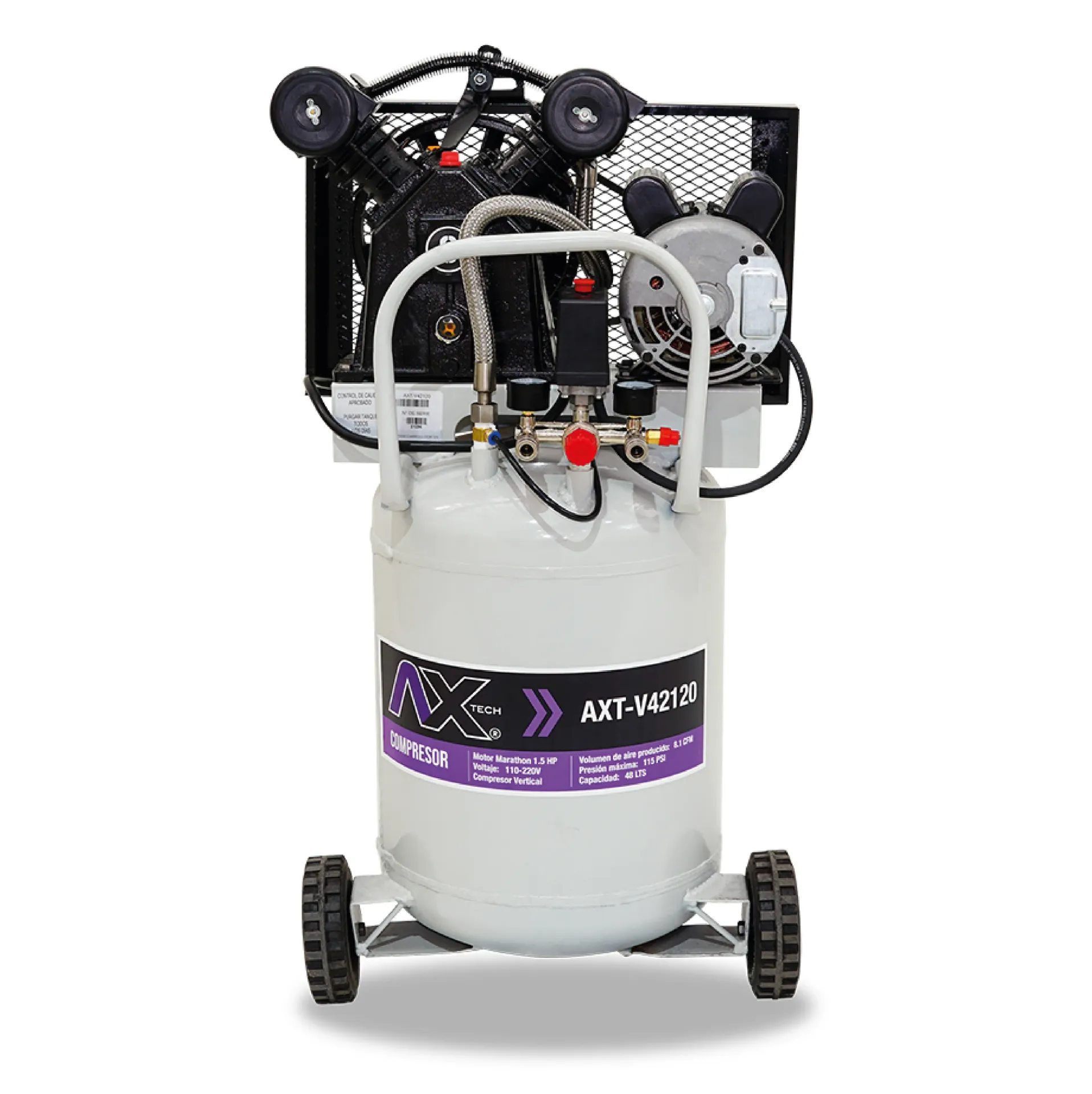 COMPRESOR VERTICAL 48Lts CABEZAL 2 PISTONES EN V MOTOR MARATHON 1.5HP, 110-220V, 8.1CFM, 115PSI