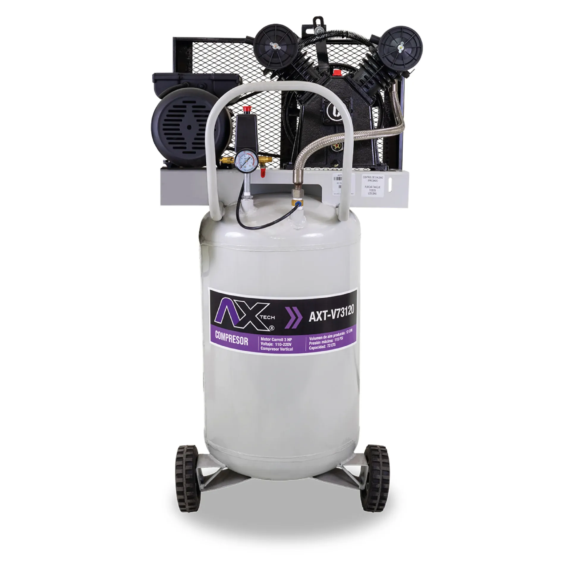 COMPRESOR VERTICAL 72Lts CABEZAL 2 PISTONES EN V MOTOR CARROLL 3HP, 110-220V, 12CFM, 115PSI
