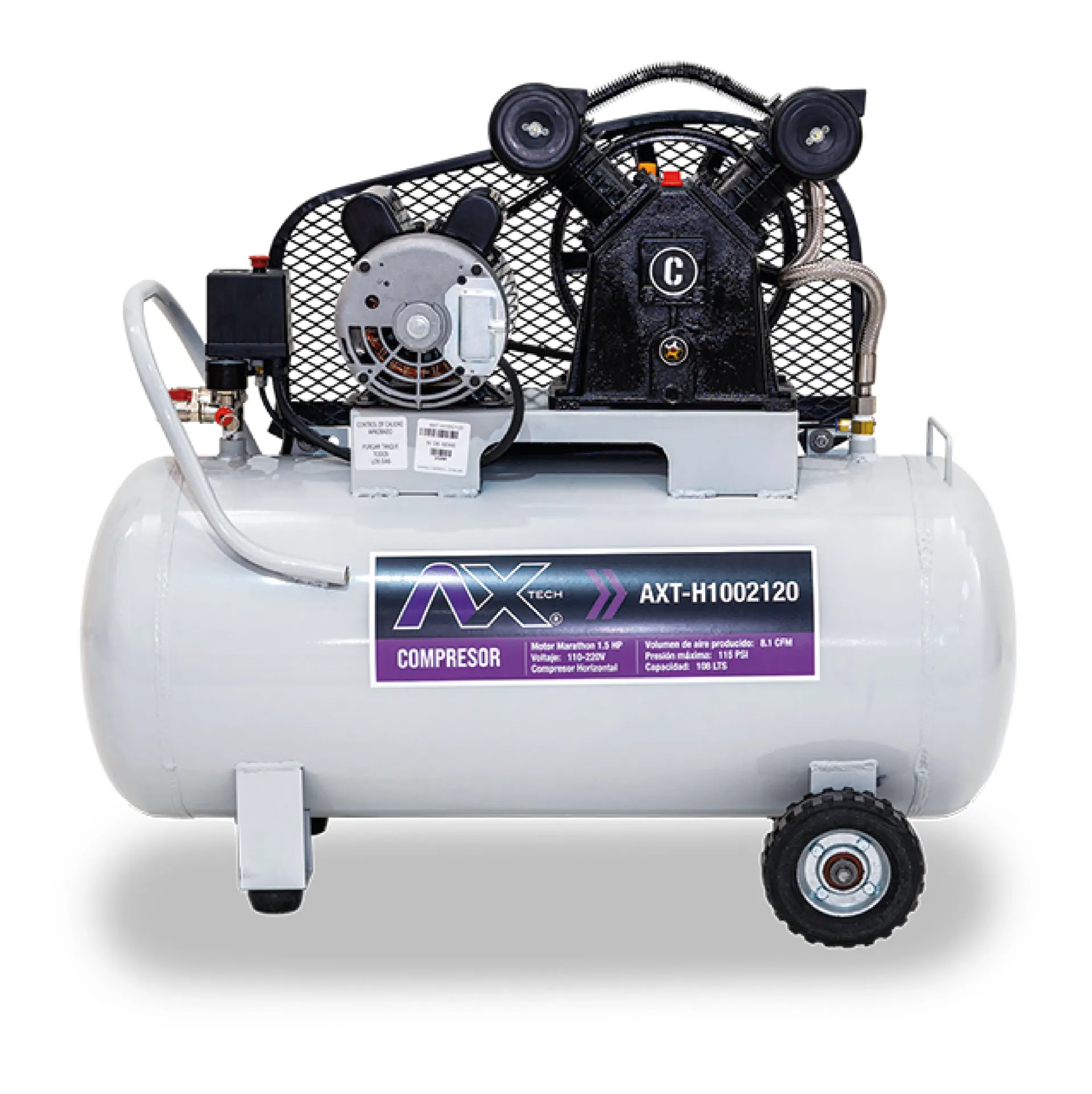 COMPRESOR HORIZONTAL 108Lts CABEZAL 2 PISTONES EN V MOTOR MARATHON 1.5HP, 110-220V, 8.1CFM, 115PSI