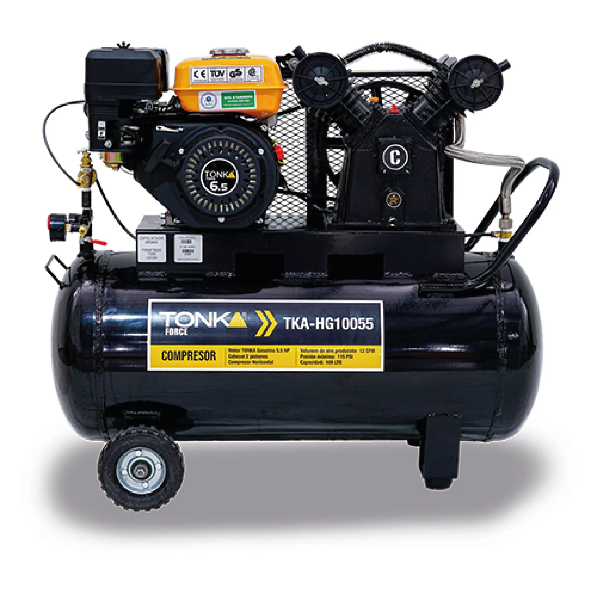 COMPRESOR HORIZONTAL 108Lts CABEZAL 2 PISTONES EN V MOTOR TONKA GASOLINA 5.5HP, 12CFM, 115PSI