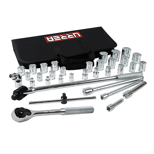 JUEGO DE 34 DADOS EN PULGADAS 12 PUNTAS C/ACCESORIOS CUADRO 3/8 Y 1/2 EN PORTAFO