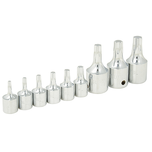 JUEGO DE DADOS PUNTA TORX C/CUADRO DE 1/4, C/9 PZAS. Y MECANISMO DE SEGURIDAD