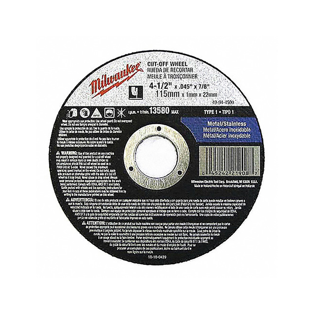 [MIA-49-94-4500] DISCO P/ CORTE METAL 4-1/2" X .045, ORIFICIO FLECHA 7/8", 13580 RPM, A60T, TIPO 1