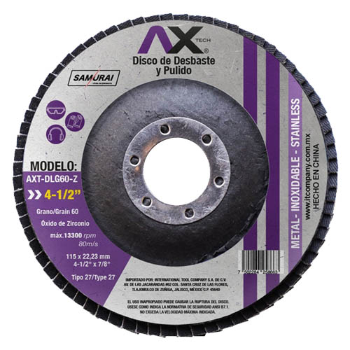 DISCO LAMINADO PARA DESBASTE Y PULIDO GRANO 60 4-1/2 DE OXIDO DE ZIRCONIO