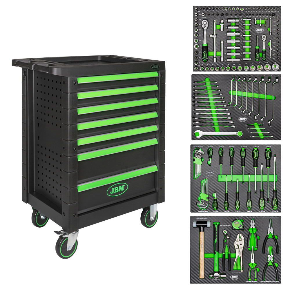 [JBM-53904] GABINETE MOVIL DE 7 GAVETAS C/172 PZAS DE 1/2 Y 1/4 LLAVES COMBINADAS MM DESTORNILLADORES Y LLAVES HEX. MARTILLOS Y PINZAS