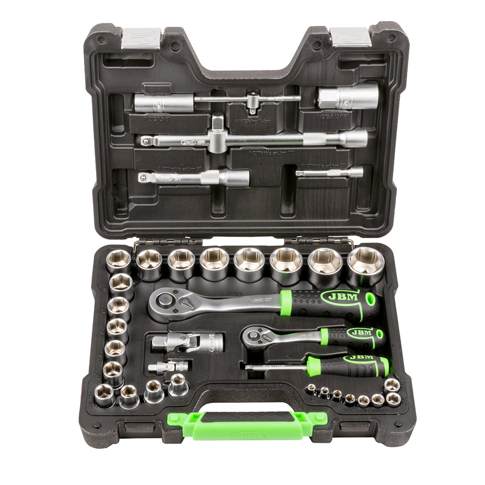 [JBM-54106] ESTUCHE DE HERRAMIENTAS DE 37 PIEZAS CON MATRACAS DE 1/2 Y 1/4 Y DADOS ESTANDAR