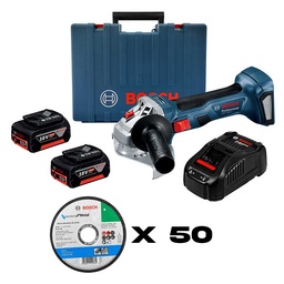 COMBO MINIESMERILADORA INALAMBRICA 4 1/2 DE 18V C/2 BATERIAS DE 4 AMP + CARGADOR + 50 DISCOS 2608619383