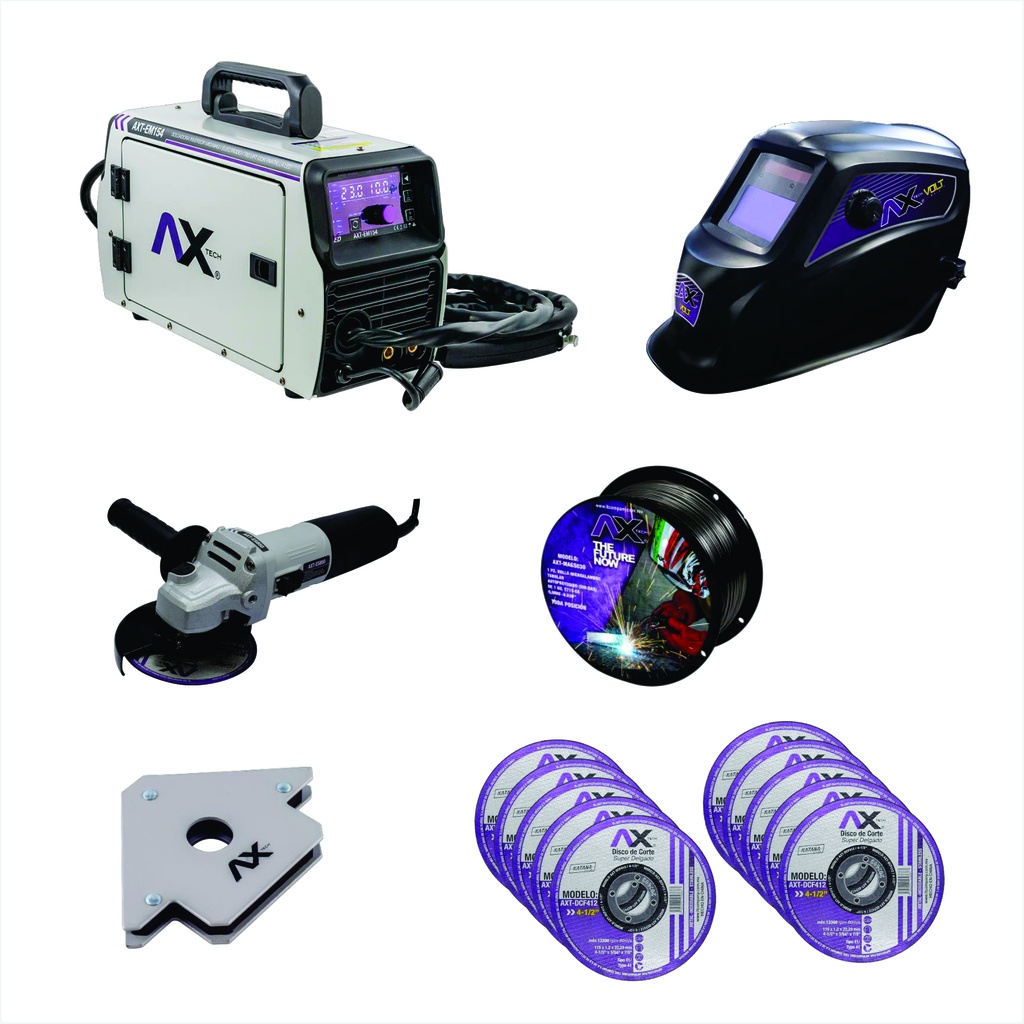 [AXT-EM154-C1] COMBO SOLDADORA INVERSOR MIG/MAG/MMA Y TIG LIFT, 110 V, 140 AMP C/CARETA, MINI AXT-ES850, ESCUADRA MAGNETICA, ROLLO DE MICRO Y 10 DISCOS AXT-DCF412