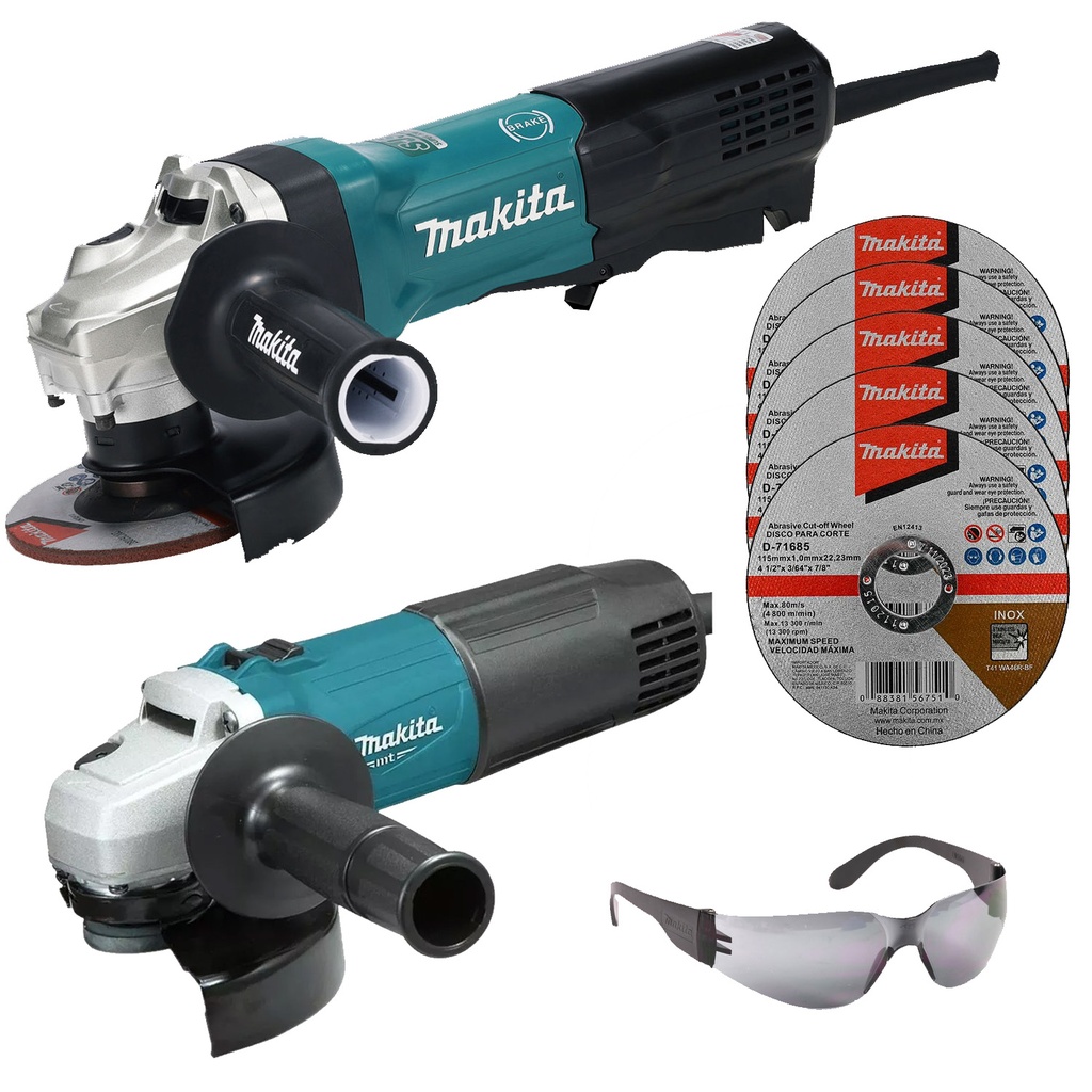 COMBO SUPERMINIESMERILADORA 4 1/2 1900W VEL VAR SW PALETA+5 DISCOS D/CORTE+MINIESMERIL 4 1/2 MT+LENTES MAKITA