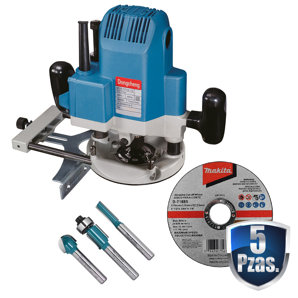 COMBO ROUTER DE 1/2 1,850 WATTS INCLUYE COLLET DE 1/4 Y 3/8 22,000 RPM+JUEGO DE CUCHILLAS ZANCO DE 1/4 MAKITA