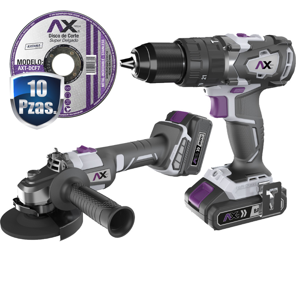 COMBO ESMERILADORA 4 1/2 Y TALADRO/ROTOMARTILLO 20 V C/MALETIN 2/BAT. +10 DISCOS 4 1/2" CORTE AXT