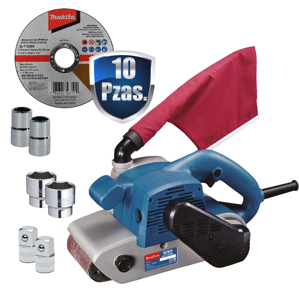 COMBO LIJADORA DE BANDA DE 4 x 24 1200 WATTS C/BOLSA + 6 DADOS Y ADAPT STANLEY + 10 DISCOS MAKITA