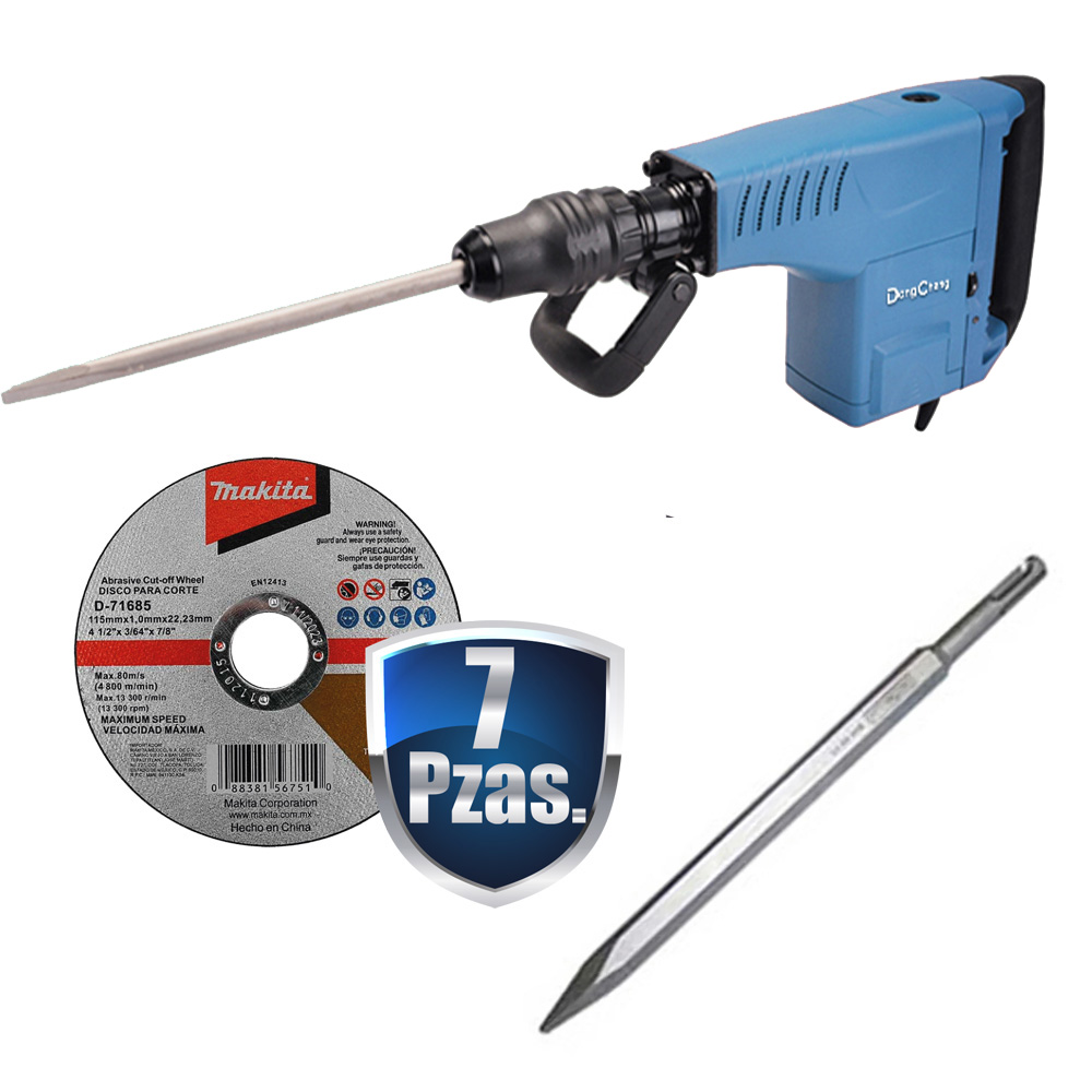 COMBO MARTILLO DEMOLEDOR SDS MAX 1,500W 16 J 10 KGS+CINCEL SDS MAX DE PUNTA DE 12 P+7 DISCOS MAKITA D-71685