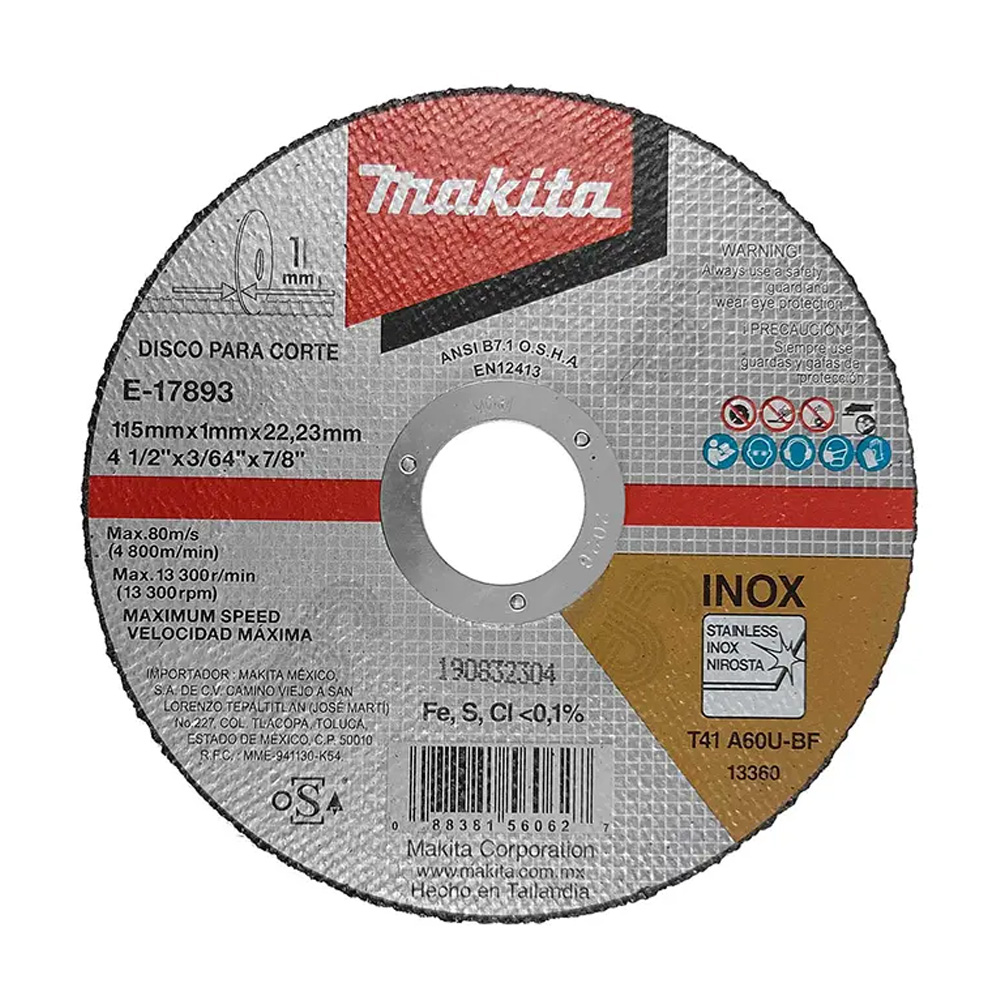 [MAA-E-17893] DISCO P/CORTE METAL ACERO INOXIDABLE SUPERDELGADO 4 1/2 X 1 mm X 7/8 (SUBSTITUYE A MAA-B12457) NUEVO MODELO