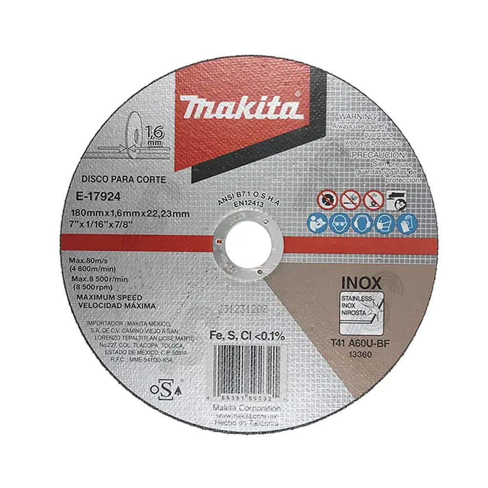 [MAA-E-17924] DISCO P/CORTE METAL ACERO INOXIDABLE SUPERDELGADO 7 X 1/16 X 7/8 (SUBSTITUYE A MAA-B12500) NUEVO MODELO