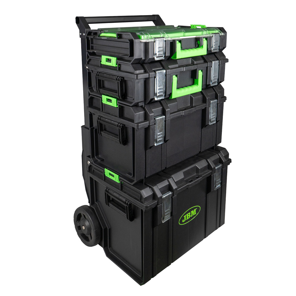 [JBM-54518] KIT DE 4 CAJAS CON SISTEMA MODULAR APILABLE Y CARRO DE TRANSPORTACION
