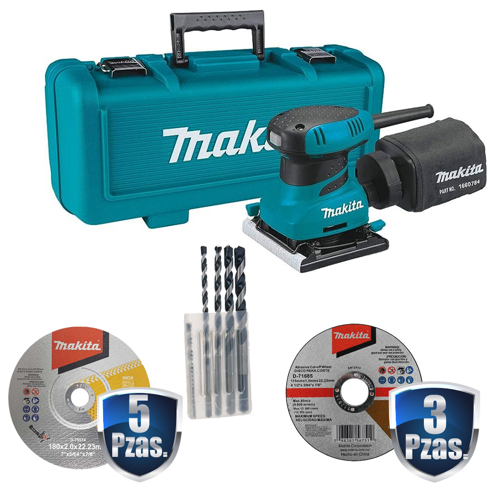 [MAK-BO4556K+C01] COMBO LIJADORA ORBITAL 1/4 DE H 200W C/ESTUCHE+5 DISCOS CORTE 7"+KIT DE 5 BROCAS MULTIP+3 DISCOS CORTE 41/2