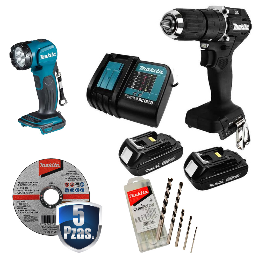 COMBO TAL/ROTOM/ATORN NEGRO 1/2 S/CARB 18V 2 BAT 1.5 AMP+LAMPARA INAL MAKITA+KIT DE 5 BROCAS+5 DISCOS MAK