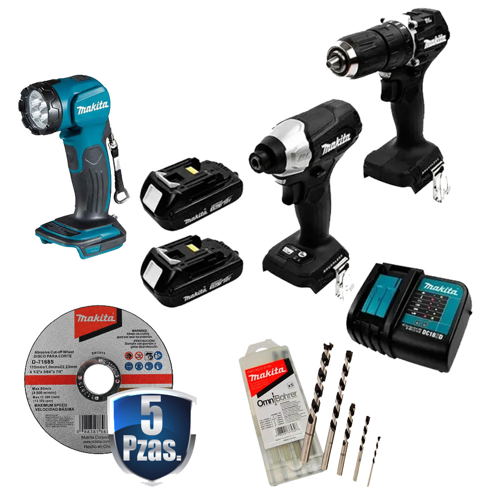 COMBO ROTOMARTILLO 1/2 Y ATORNILLADOR DE IMP NEG S/CARB 18V 2 BAT 1.5 AMP+LAMPARA+KIT 5 BROCAS+5 DISCOS