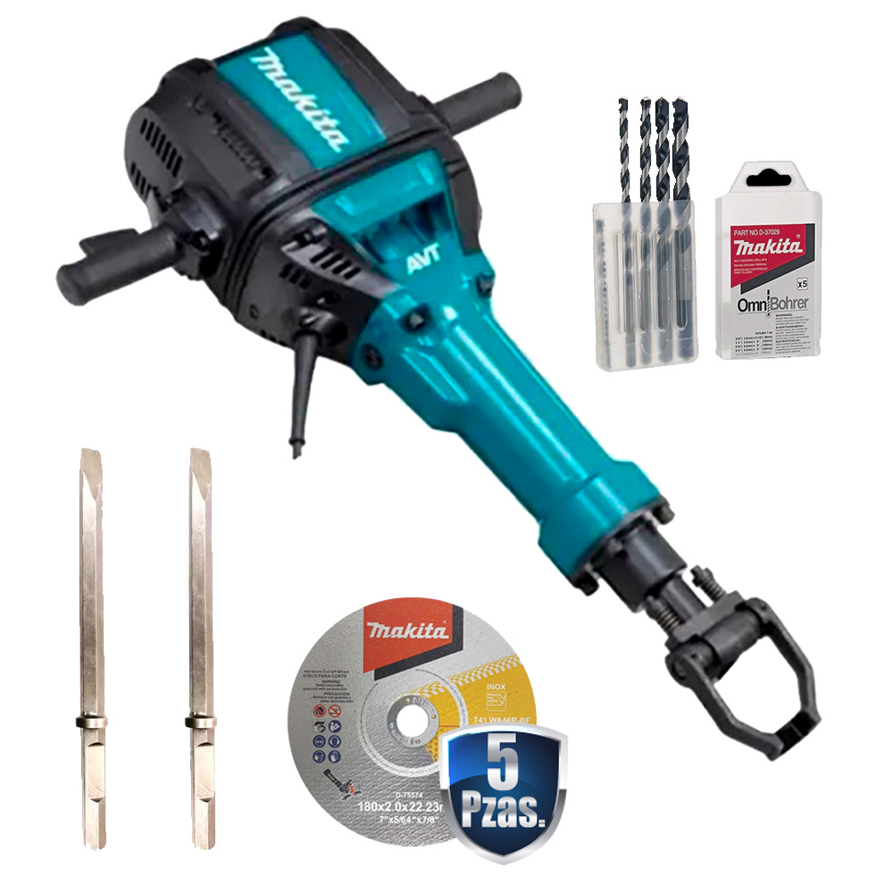 COMBO MARTILLO DEMOLEDOR ZANCO 1 1/8 2000W 30 KGS+2 CINCELES HEX+5 DISCOS MAKITA 7+JUEGO DE 5 BROCAS MULT