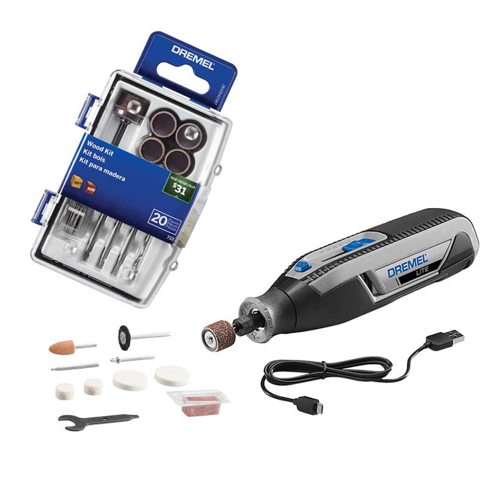 COMBO MULTIPRO INALAMBRICO SERIE LITE+KIT DE 20 ACCESORIOS PARA MADERA EN OP. DE TALLADO/LIJADO Y PERFORACION