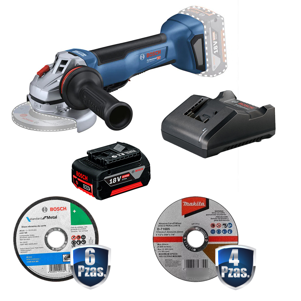 [BOI-06019J41E0+C01] COMBO MINIESMERILADORA 5 PULG 18 V GWS18V-10+BATERIA 4 AMP+CARG. RAPIDO+10 DISCOS CORTE 6 BOSCH/4 MAKITA