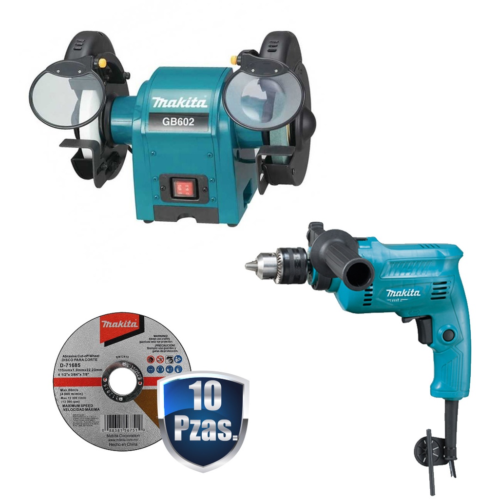COMBO ESMERIL DE BANCO 6" 2,850 RPM 1/3HP 250 WATTS+ROTOMARTILLO DE 1/2 570 WATTS+10 DISCOS MAKITA D-71685