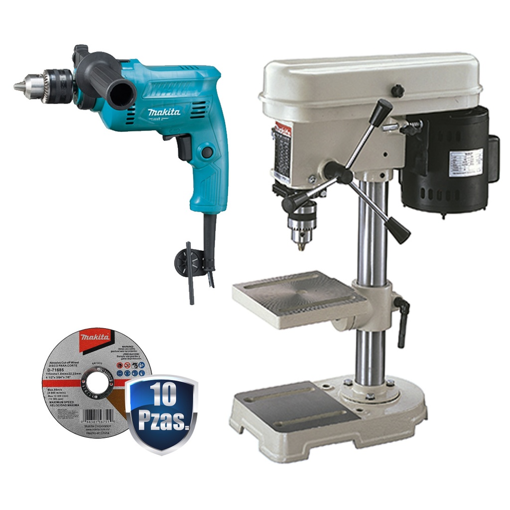 COMBO TALADRO DE BANCO C/BROQUERO 1/2 780 W VEL. VAR. +ROTOMARTILLO DE 1/2 570 WATTS+10 DISCOS MAKITA D-71685