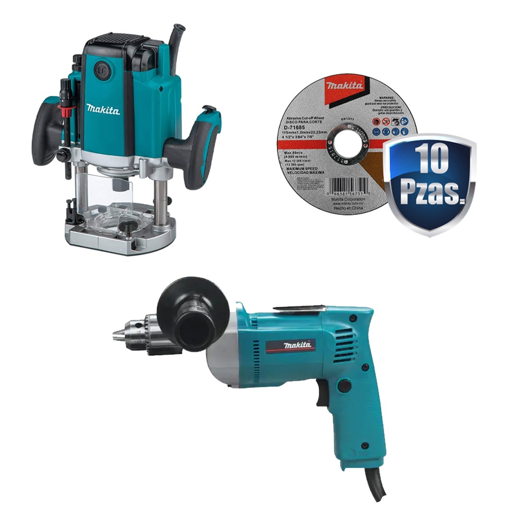 COMBO ROUTER 3 1/4HP 1/4/1/2 VV 9000-23,000RPM 1850W+TALADRO 1/2 VVR 0-550RPM 740W+10 DISCOS MAKITA D-71685
