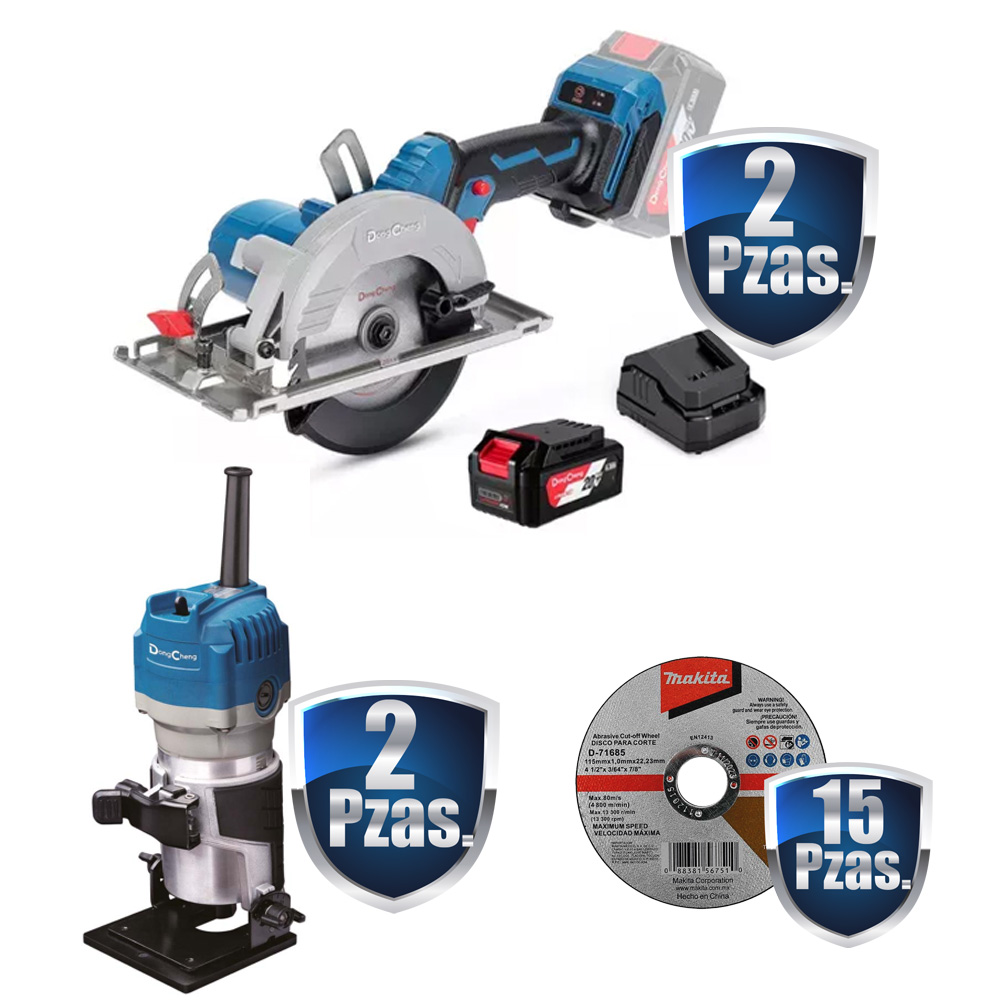 COMBO BF 2 SIERRAS CIRCULARES INAL 5 PLG. 20V, BAT. 4AMP, ESTUCHE+ 2 RECORTADORES DE ENCHAPADO 1/4 550 WATTS+15 DISCOS