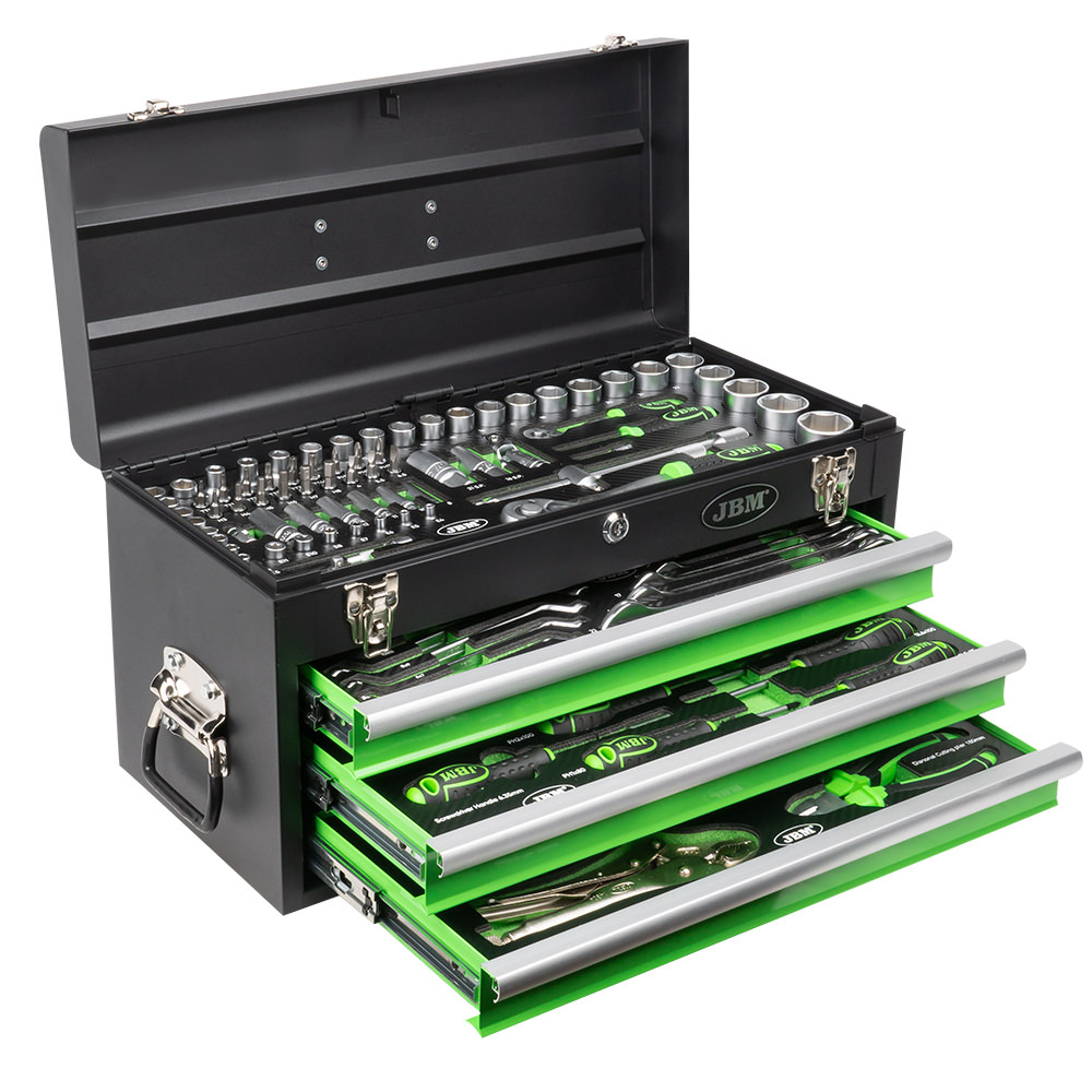 [JBM-54261] CAJA DE HERRAMIENTAS METALICA C/3 PANELES FRONTALES INCLUYE 143 PIEZAS DIFERENTES Y COMPARTIMIENTO SUPERIOR