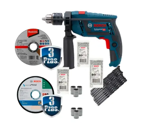 [BOI-0615A001YP+C01] COMBO ROTOMARTILLO 1/2 750W GSB 13RE+6 DISCOS 4 1/2 BOSCH Y MAKITA+MALETA P/HTA LONA DE USO RUDO+6 DADOS STANLEY