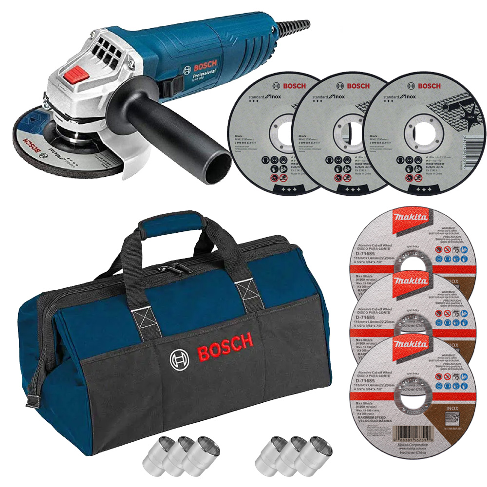 COMBO MINIESMERILADORA 4-1/2 850 W MOD GWS800+6 DISCOS 4 1/2 BOSCH Y MAKITA + MALETA P/HTA LONA DE USO RUDO