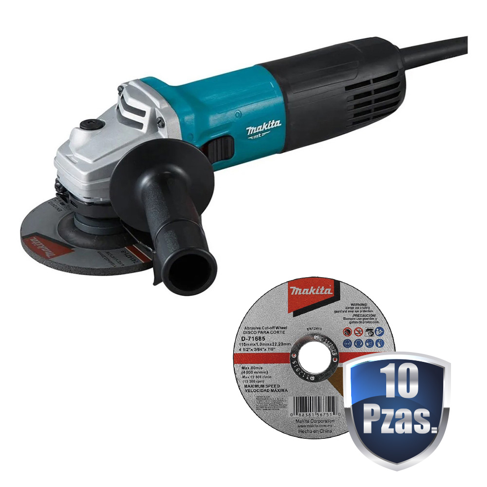 COMBO MINIESMERILADORA DE 4 1/2 720 WATTS 11,000 RPM S/DISCO+10 DISCOS MAKITA DE CORTE D-71685