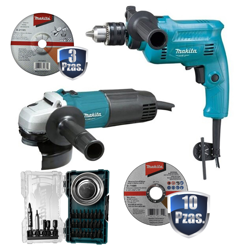[MMT-MTK0003B+C03] COMBO ROTOMARTILLO 1/2 MMT+MINIESMERIL 4 1/2 MMT+JGO DE ACC MAKITA+13 DISCOS MAKITA