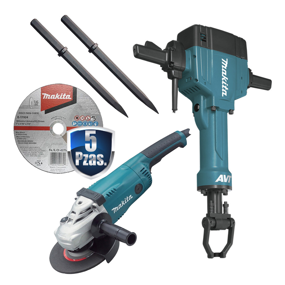 COMBO MARTILLO DEMOLEDOR DE 1 1/8 ZANCO HEX 30KG AVT 1900W+ESM DE 7 GA7020+5 DISCOS DE 7+2 CINCELES PUNTA