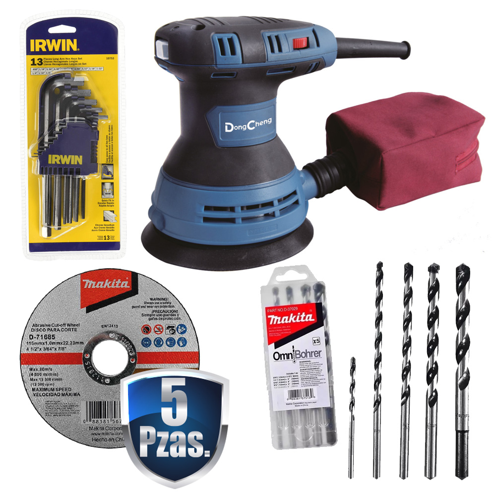 COMBO LIJADORA ROTO-ORBITAL 5" 300 WATTS V.V. 4000-12000 RPM+JGO DE LLAVES ALLEN+JGO 5 BROCAS+5 DISCOS MAKITA