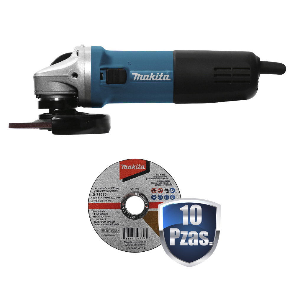 [MAK-9557NBG+C02] COMBO MINIESMERILADORA 4 1/2 840 WATTS 11,000 RPM + 10 DISCOS DE CORTE DE 4 1/2 MAKITA D-71685