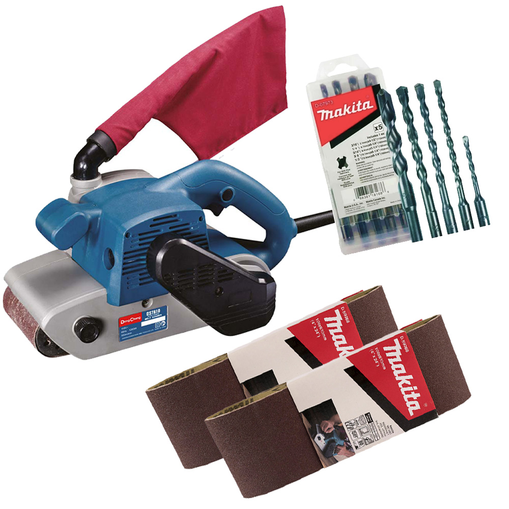 COMBO LIJADORA DE BANDA DE 4x24 1200W C/BOLSA+2 PAQ BANDAS DE LIJA 4X24 G 80+JGO DE BROCAS MAKITA MULTIP