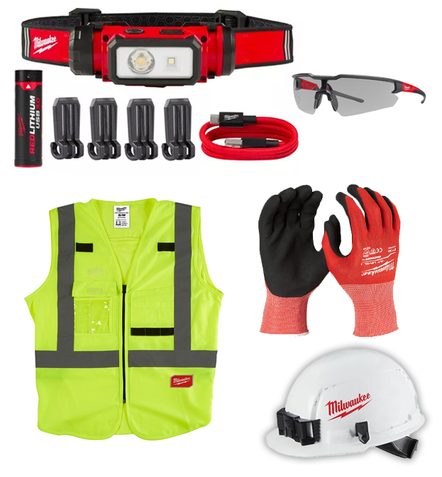 [MIL-2163-21+C01] COMBO LINTERNA FRONTAL RECARGABLE USB PARA CASCO+GUANTES ANTICORTE+CASCO CLASE C+CHALECO SEG+LENTES MILW